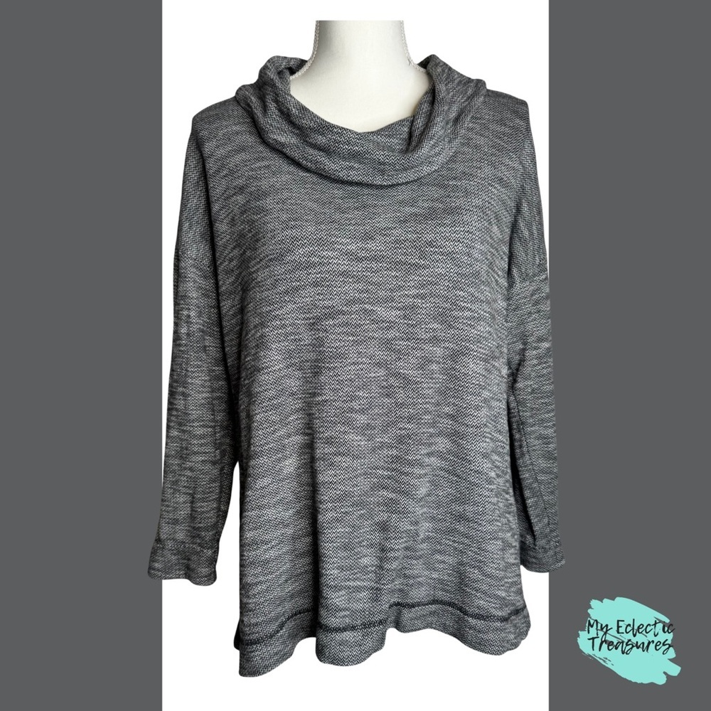 Talbots Petite Black Gray Herringbone Cowl Neck Top XL P Cotton Wool Blend